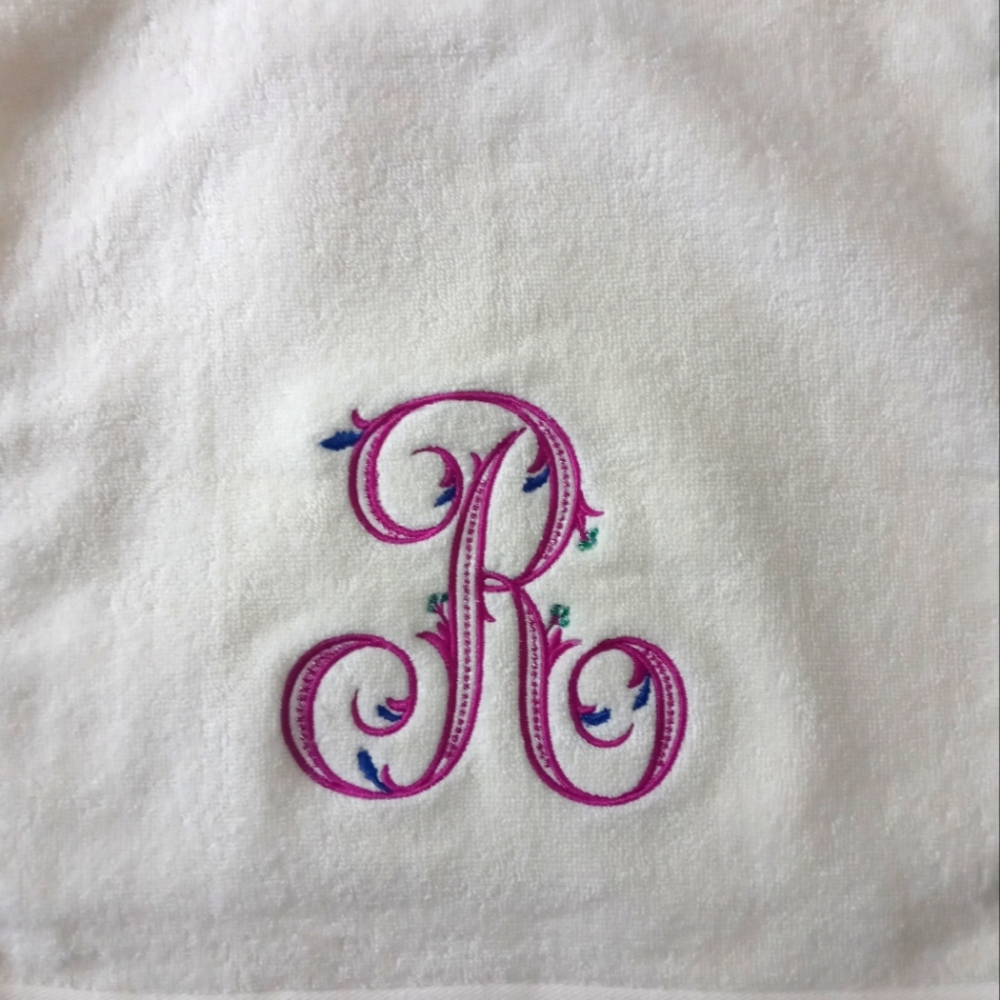 Hand Towels 28 x 13 White with Multicolor Monogram R (2)
